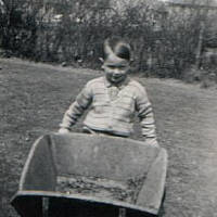 small boy playing with wheelbarrow 1950's